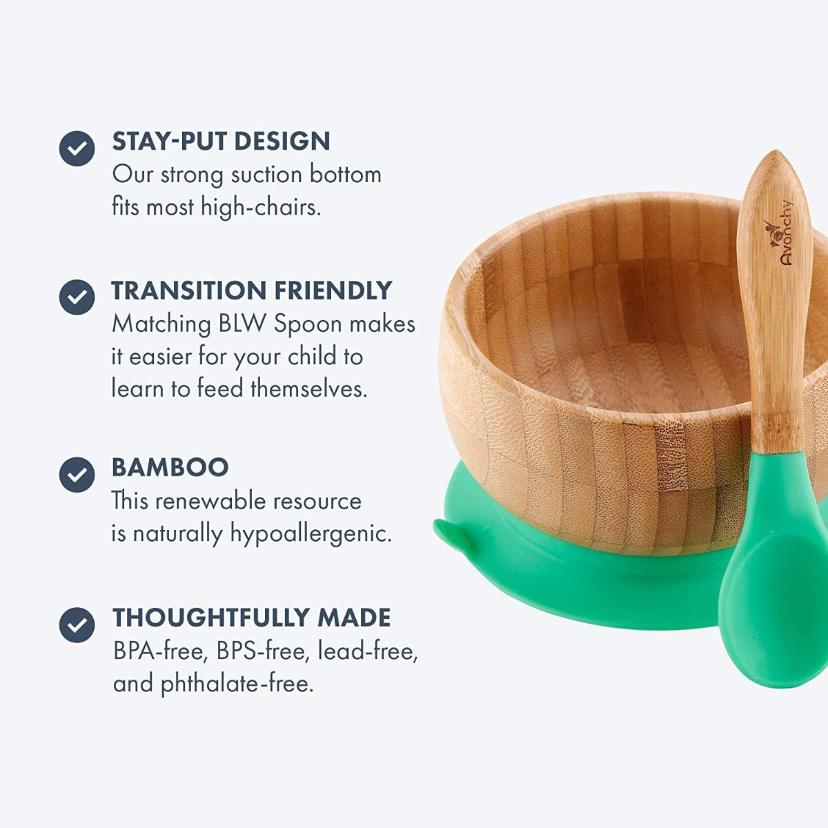 Avanchy Baby Bamboo Stay Put Suction Bowl + Spoon Gn Avanchy Yallatoys