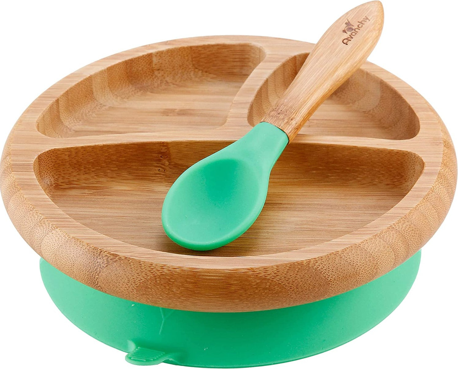 Avanchy Bamboo Suction Classic Plate + Spoon Gn Avanchy Yallatoys