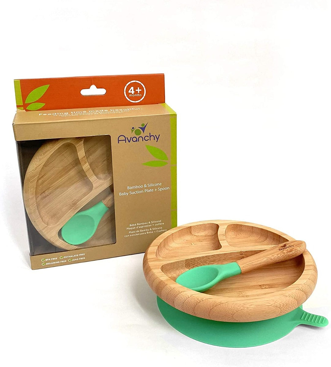Avanchy Bamboo Suction Classic Plate + Spoon Gn Avanchy Yallatoys