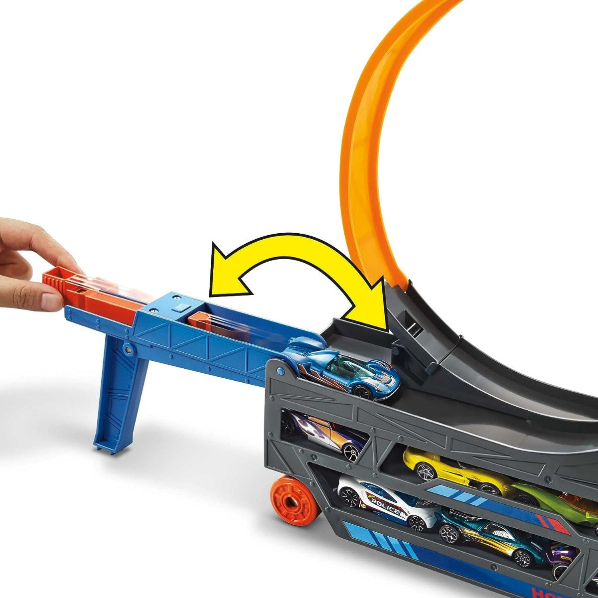 Buy Hot Wheels Stunt & Go Track Set with 1 Toy Car Transforming Hauler Truck with Launcher | Yallatoys.com