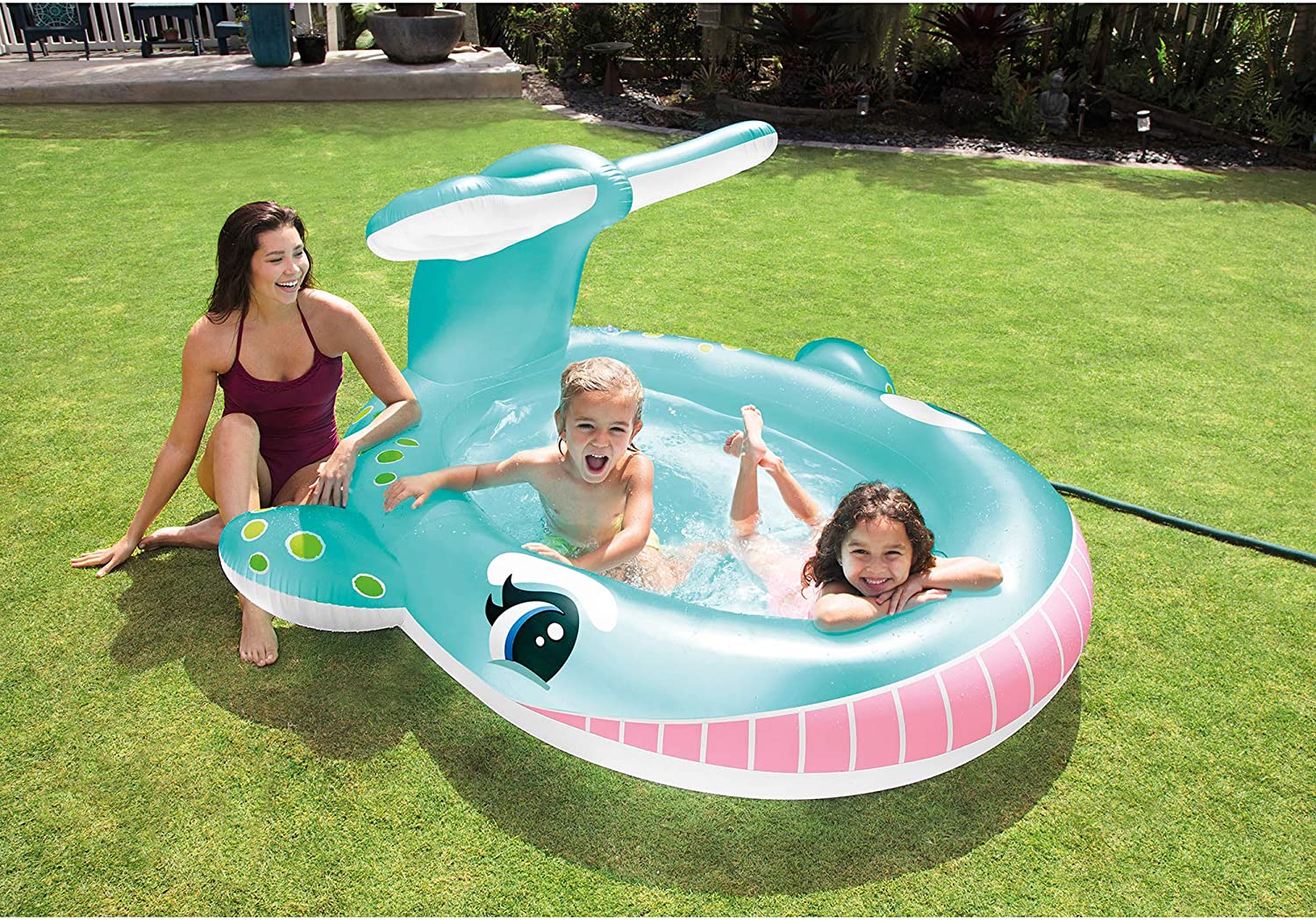 inflatable whale sprinkler pool