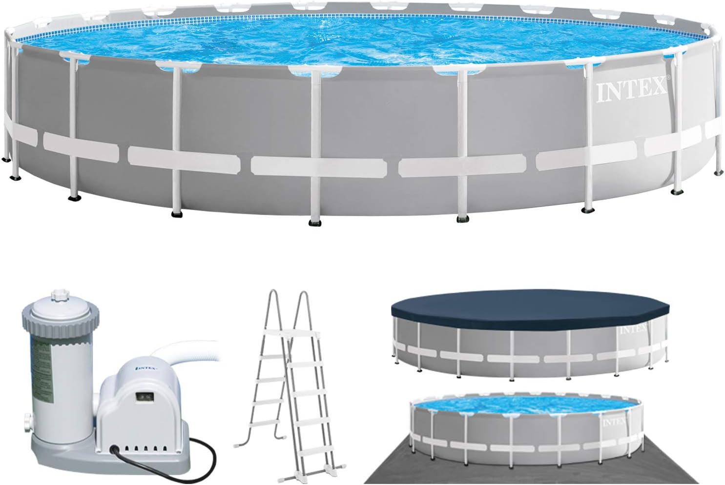 Buy Intex Prism Frame Premium Round Pool Set with Filter Ladder and Cover 6.1m x 1.3m (Free Installation in 24hrs) | Yallatoys.com