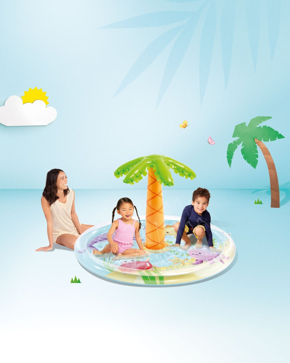 Intex Palm Tree Spray Pool - Palm tree themed kiddie pool with water spray - yallatoys.com