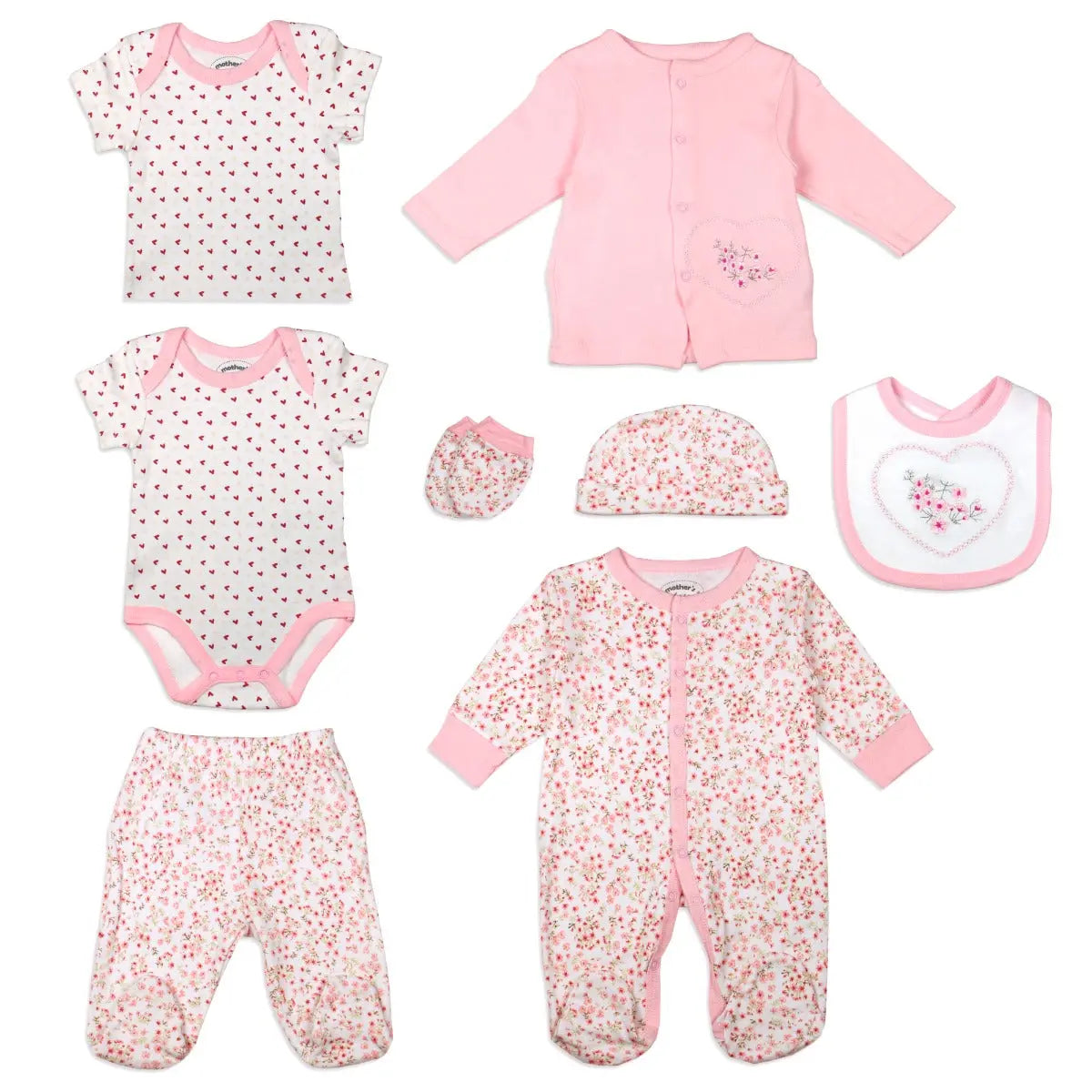 Mothers Choice Baby 8 Pcs Set Of Grower, Bodysuit, Pants, Bib, Hat, Socks, Tee & Tops - Pink Mothers Choice