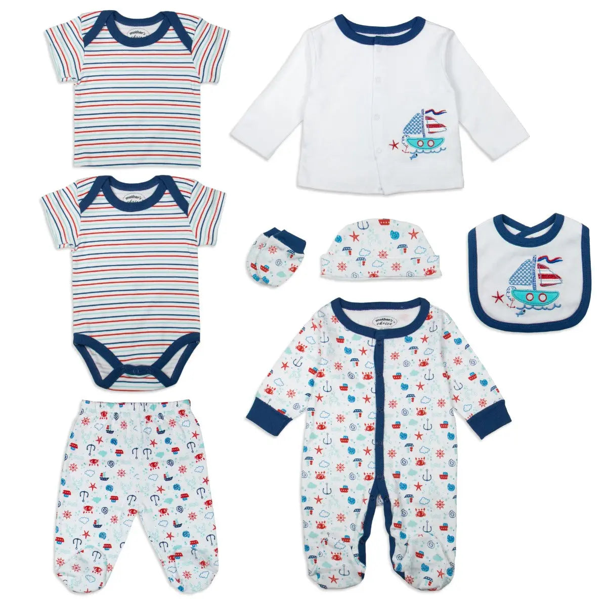 Mothers Choice Baby 8 Pcs Set Of Grower, Bodysuit, Pants, Bib, Hat, Socks, Tee & Tops - Blue Mothers Choice