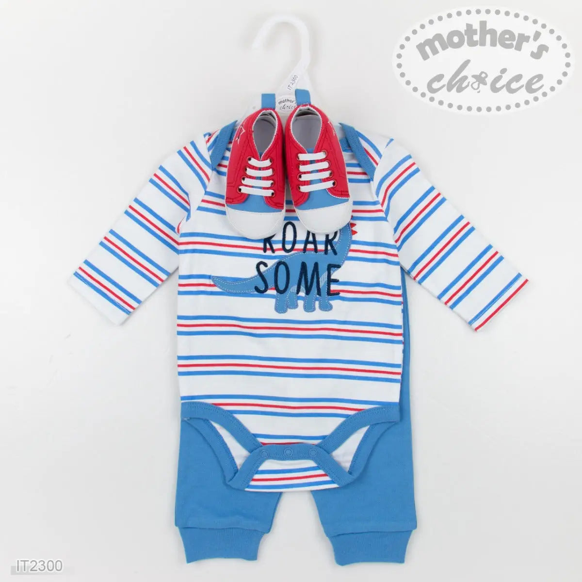 Mothers Choice Baby 3 Pcs Set Of L/S Bodysuit, Pants & Shoes - Blue Mothers Choice