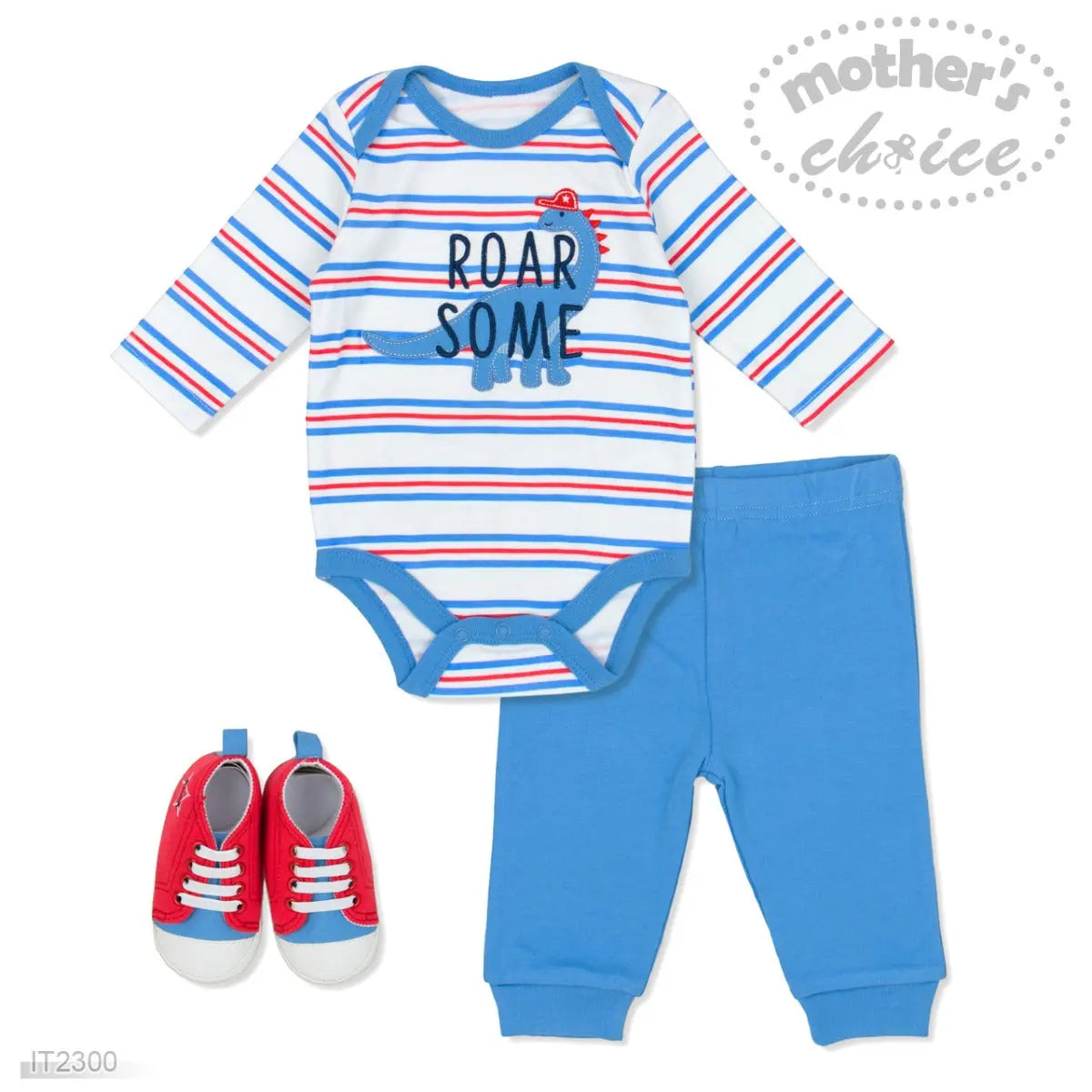 Mothers Choice Baby 3 Pcs Set Of L/S Bodysuit, Pants & Shoes - Blue Mothers Choice