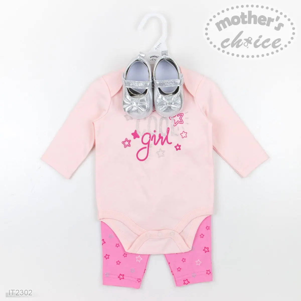 Mothers Choice Baby 3 Pcs Set Of L/S Bodysuit, Pants & Shoes - Pink Mothers Choice