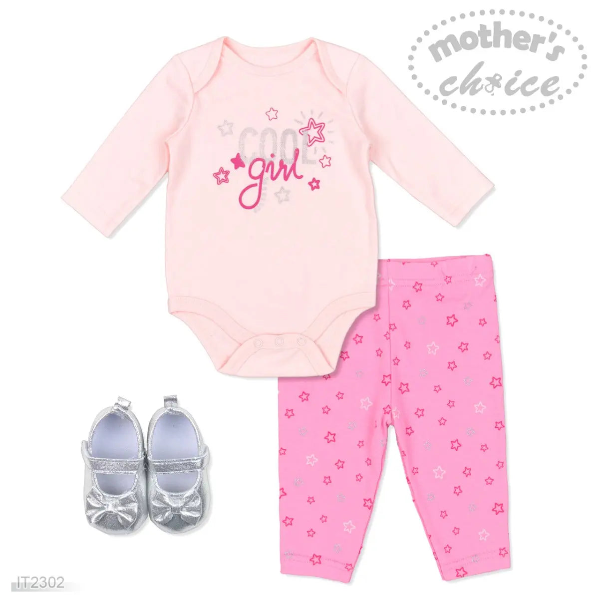 Mothers Choice Baby 3 Pcs Set Of L/S Bodysuit, Pants & Shoes - Pink Mothers Choice