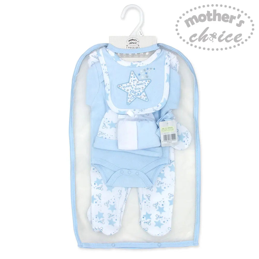 Mothers Choice Baby 7 Pcs Layette Set Of Grower, S/S Bodysuit, Bib, Hat, Mittens & 2 Wash Cloths - Blue Mothers Choice