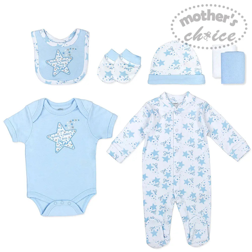 Mothers Choice Baby 7 Pcs Layette Set Of Grower, S/S Bodysuit, Bib, Hat, Mittens & 2 Wash Cloths - Blue Mothers Choice