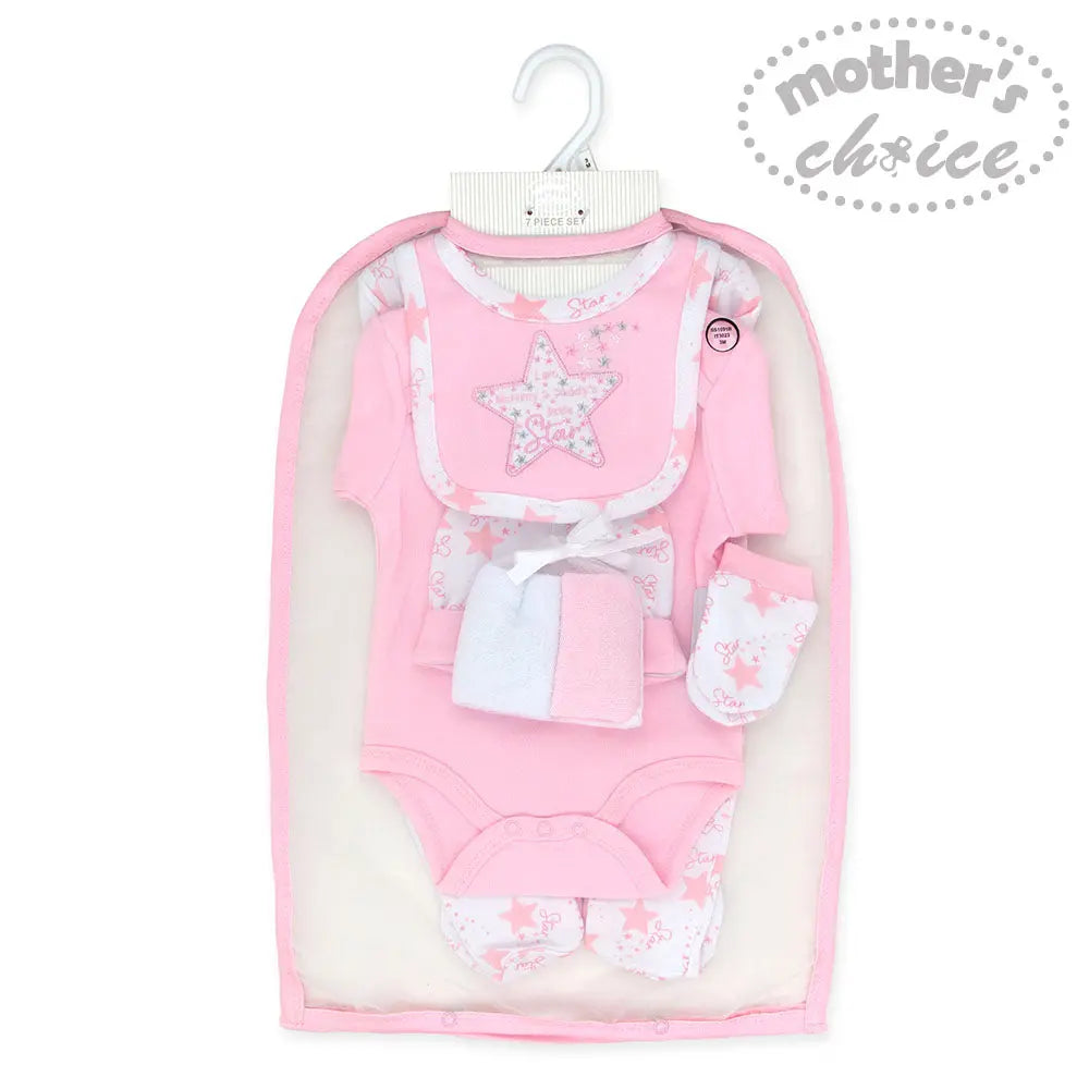 Mothers Choice Baby 7 Pcs Layette Set Of Grower, S/S Bodysuit, Bib, Hat, Mittens & 2 Wash Cloths - Pink Mothers Choice