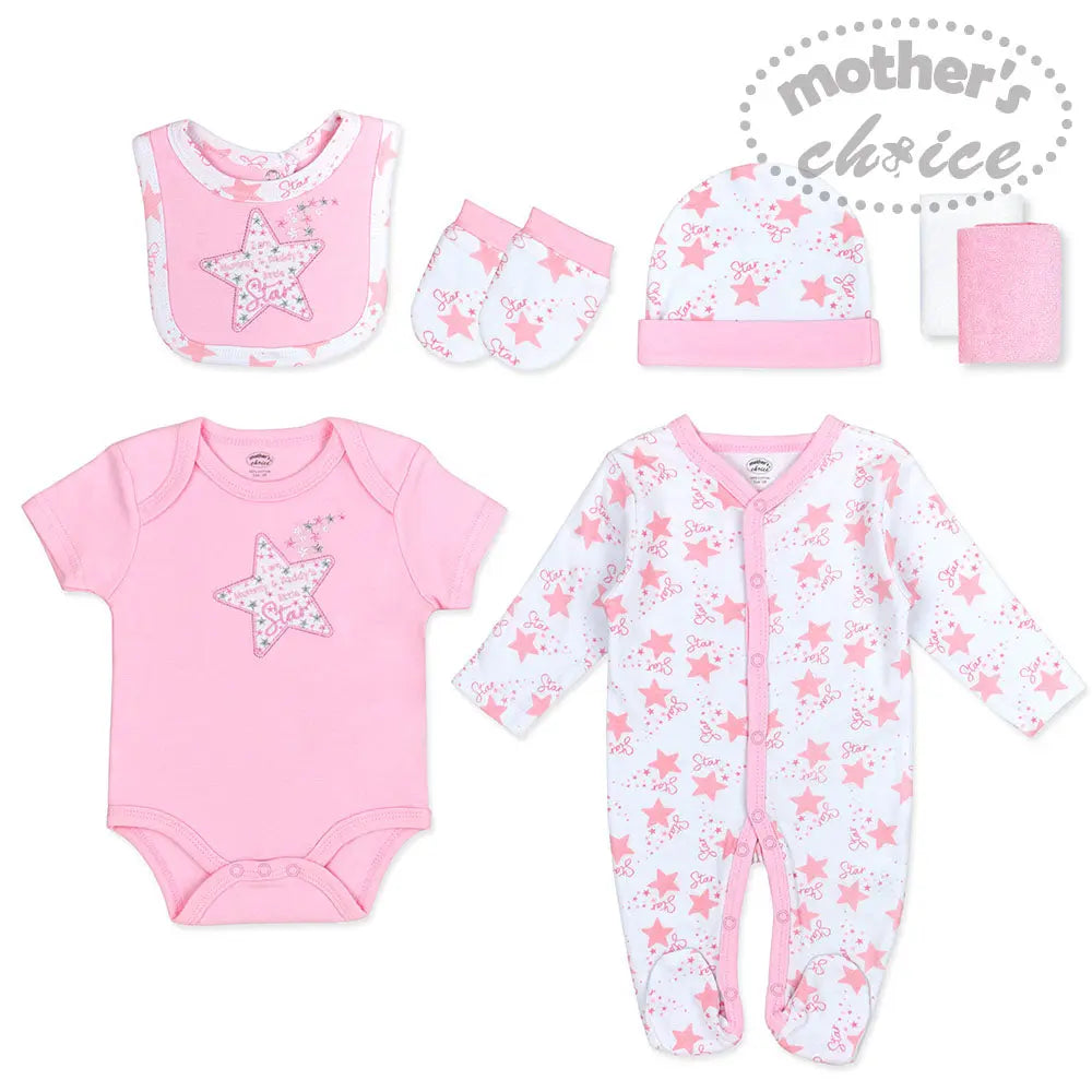 Mothers Choice Baby 7 Pcs Layette Set Of Grower, S/S Bodysuit, Bib, Hat, Mittens & 2 Wash Cloths - Pink Mothers Choice