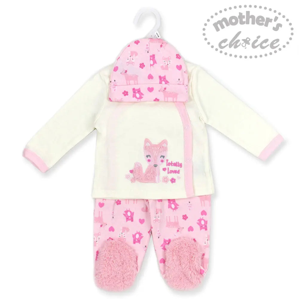 Mothers Choice Baby 3 Pcs Set Of Top, Pants & Hat White Pink Mothers Choice