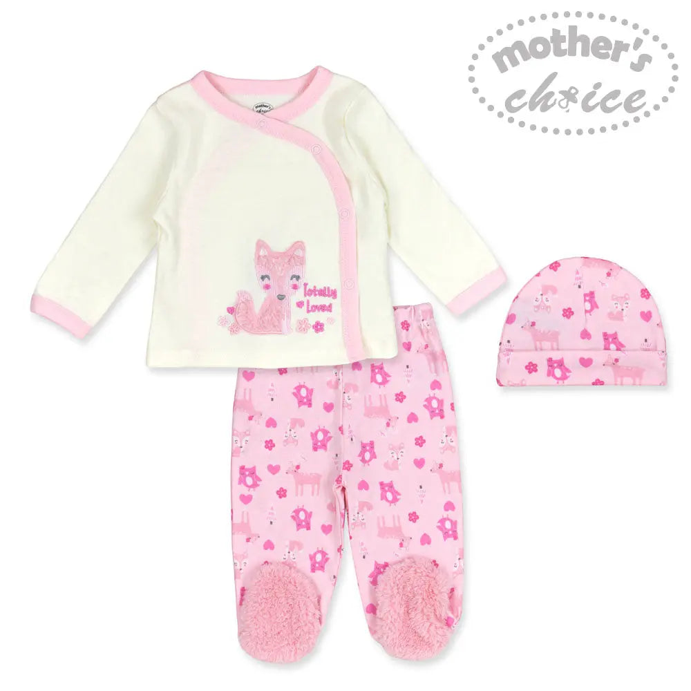 Mothers Choice Baby 3 Pcs Set Of Top, Pants & Hat White Pink Mothers Choice