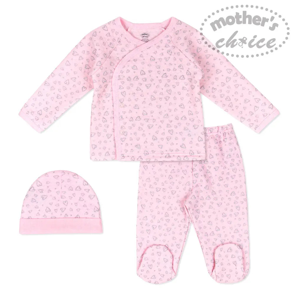 Mothers Choice Baby 3 Pcs Set Of Top, Pants & Hat Pink Mothers Choice