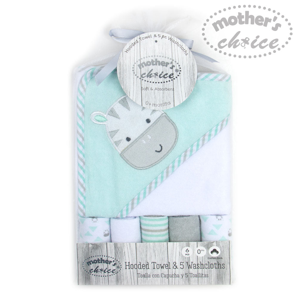 Mother'S Choice-Hooded Towel + 5 Face Cloth Knitted  Terry  Zebra Mothers Choice Yallatoys