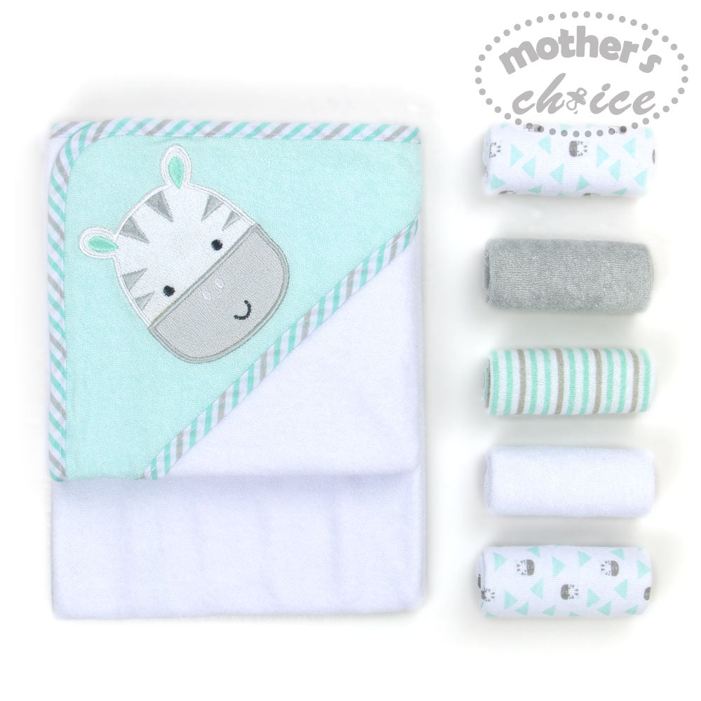 Mother'S Choice-Hooded Towel + 5 Face Cloth Knitted  Terry  Zebra Mothers Choice Yallatoys