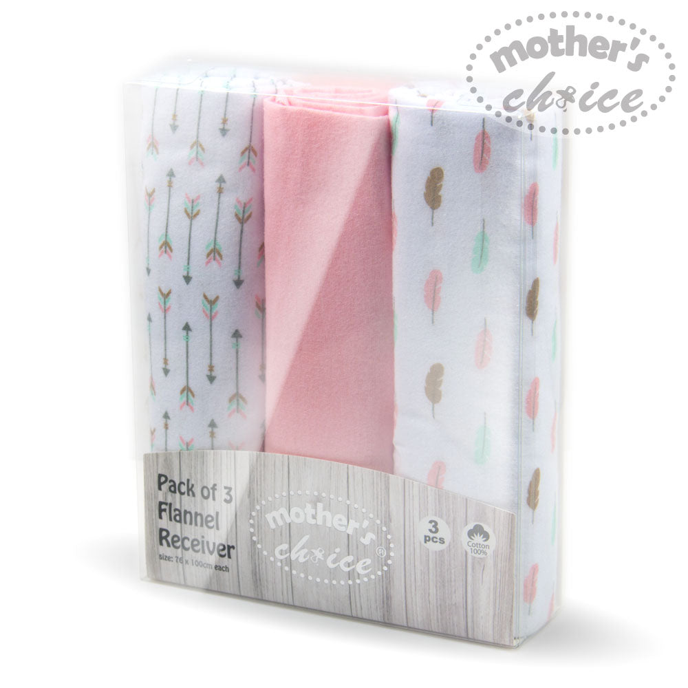 Mothers Choice 3Pk Flannel Receiver With Overlock Binding White Pink