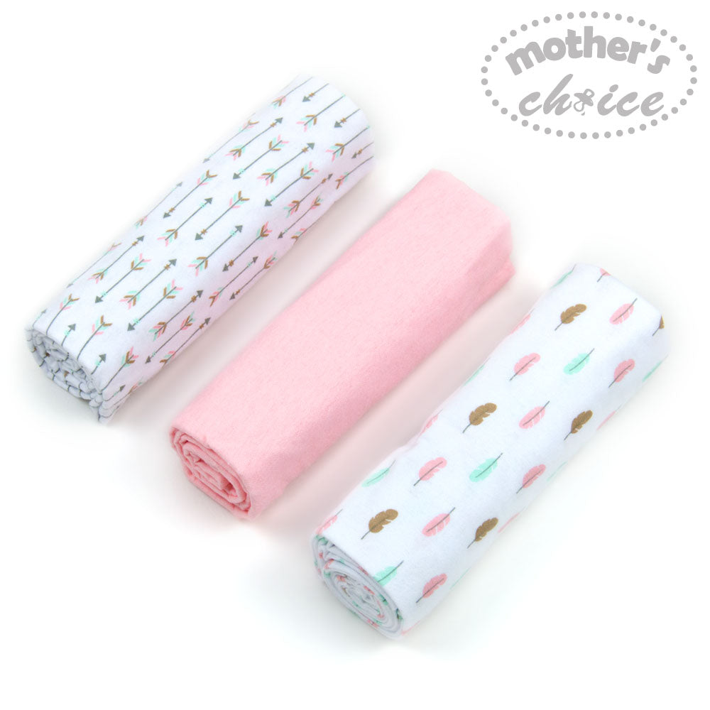 Mothers Choice 3Pk Flannel Receiver With Overlock Binding White Pink