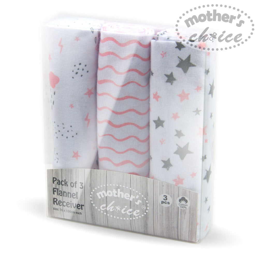 Mothers Choice 3Pk Flannel Receiver With Overlock Binding White Blue Mothers Choice Yallatoys