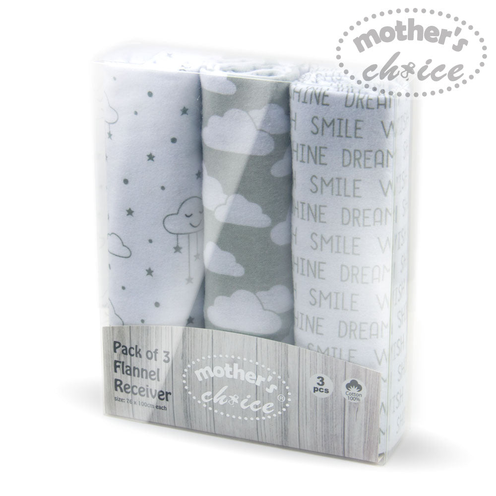 Mothers Choice 3Pk Flannel Receiver With Overlock Binding Grey Mothers Choice Yallatoys