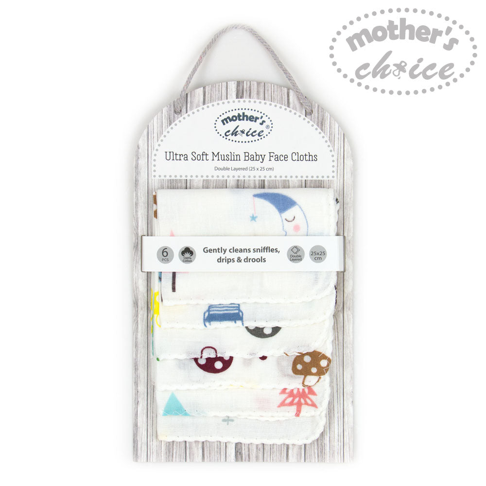 Mother'S Choice-Baby 6 Pack Muslin Face Clothswhite Mothers Choice Yallatoys