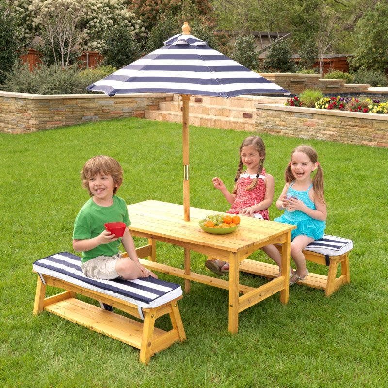 Buy Kidkraft Outdoor Table & Bench Set with Cushions & Umbrella Navy with White Stripes | Yallatoys.com
