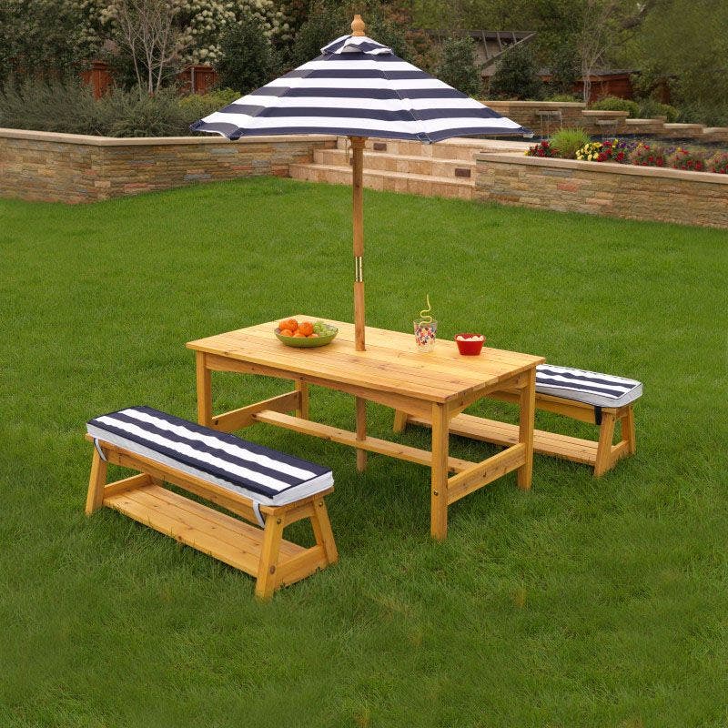 Buy Kidkraft Outdoor Table & Bench Set with Cushions & Umbrella Navy with White Stripes | Yallatoys.com