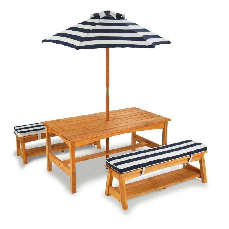 Buy Kidkraft Outdoor Table & Bench Set with Cushions & Umbrella Navy with White Stripes | Yallatoys.com