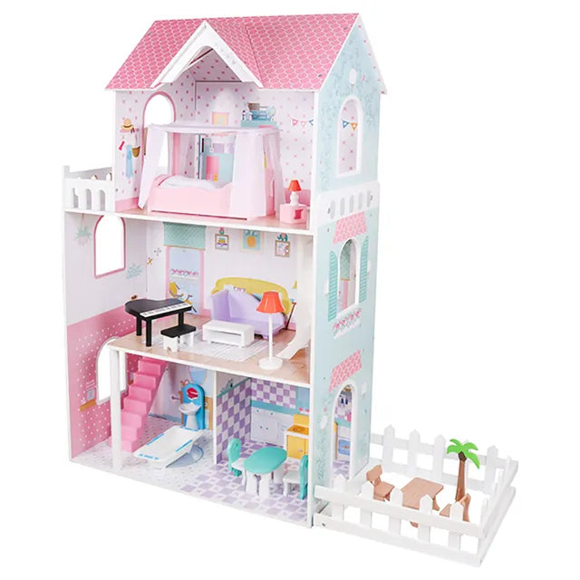 Buy Little Angel Luxury Wooden Dollhouse For Kids With Furniture And Garden Pink | Yallatoys.com