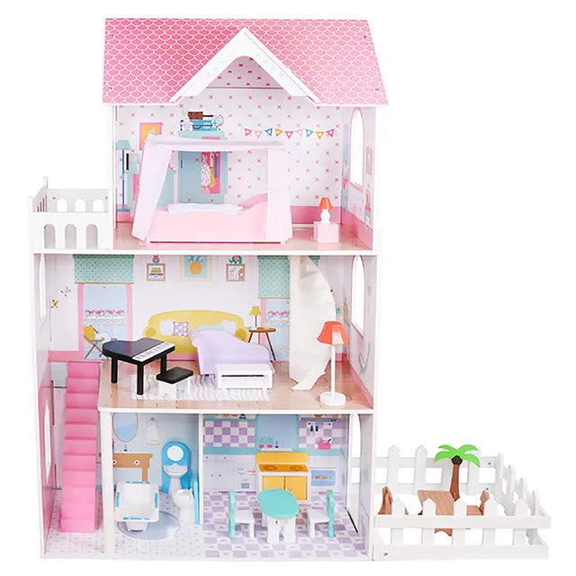 Buy Little Angel Luxury Wooden Dollhouse For Kids With Furniture And Garden Pink | Yallatoys.com