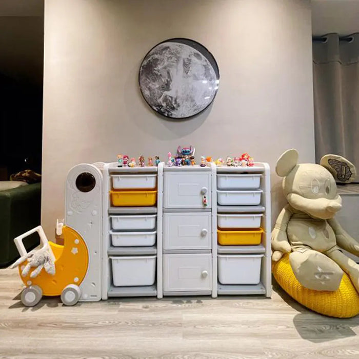Buy Little Angel Kid Toys Organizer Cabinet With Bins And Cart White & Yellow | Yallatoys.com