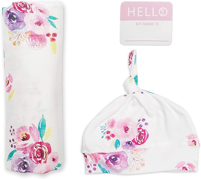 Lulujo Hello World Bamboo Hat & Swaddle Blanket Posies Lulujo Yallatoys