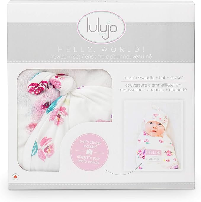 Lulujo Hello World Bamboo Hat & Swaddle Blanket Posies Lulujo Yallatoys