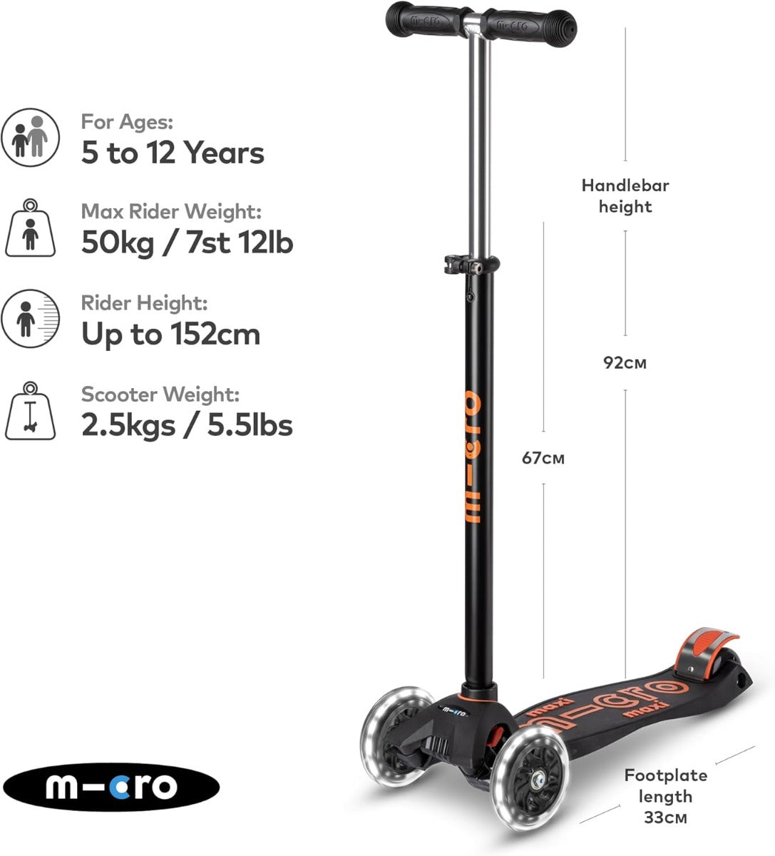 Buy Micro Maxi Deluxe Black & Orange LED 3 Wheel Scooter | Yallatoys.com
