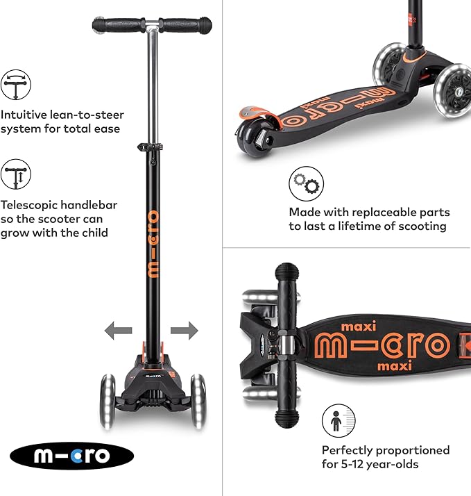 Buy Micro Maxi Deluxe Black & Orange LED 3 Wheel Scooter | Yallatoys.com