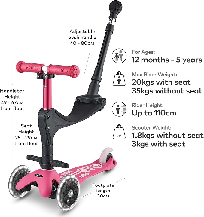 Buy Micro Mini  3 In 1 Deluxe Plus LED Pink 3 Wheel Scooter | Yallatoys.com