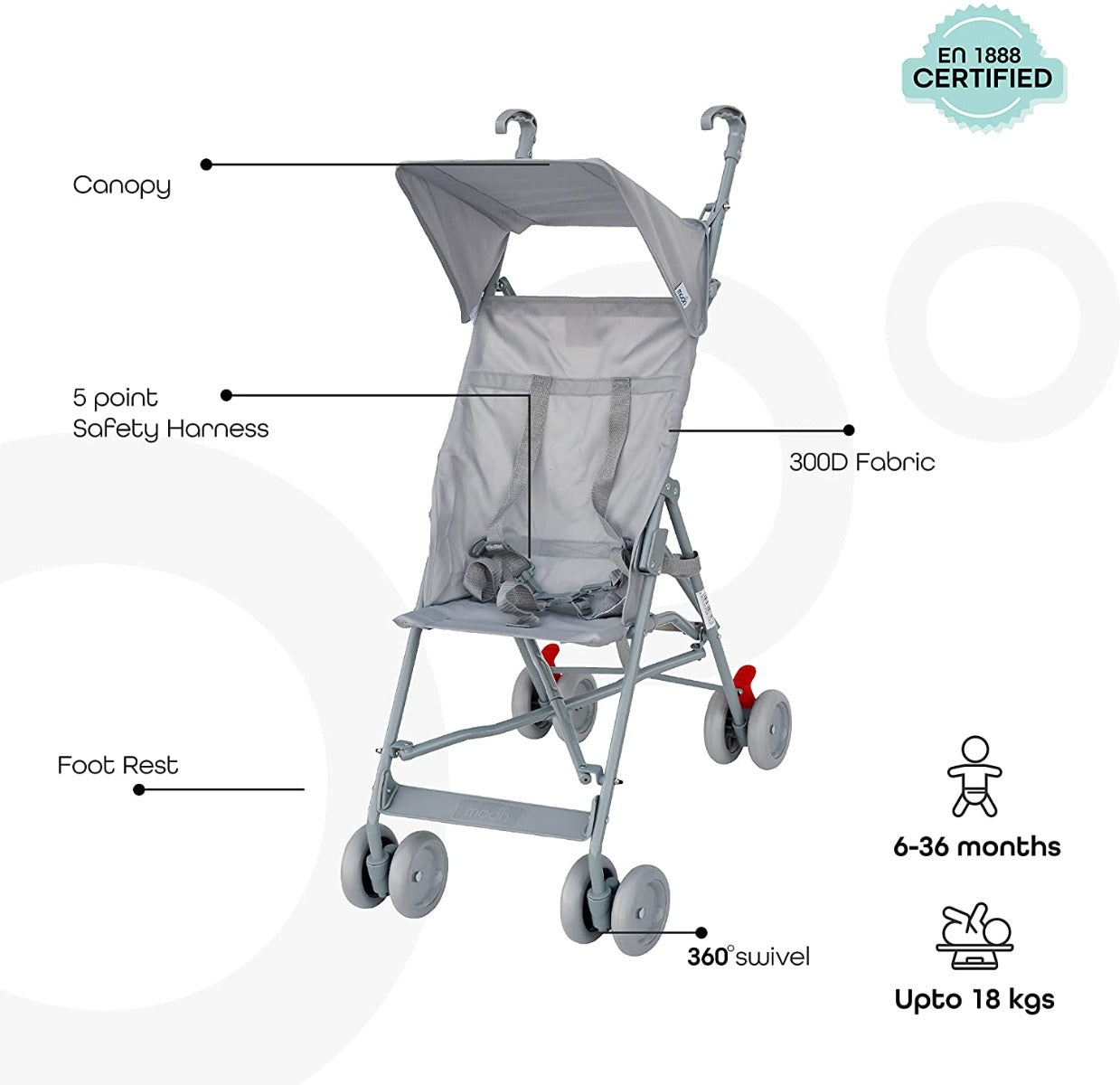 Buy Moon Jet Light Weight Compact Fold Buggy Stroller Light Grey | Yallatoys.com