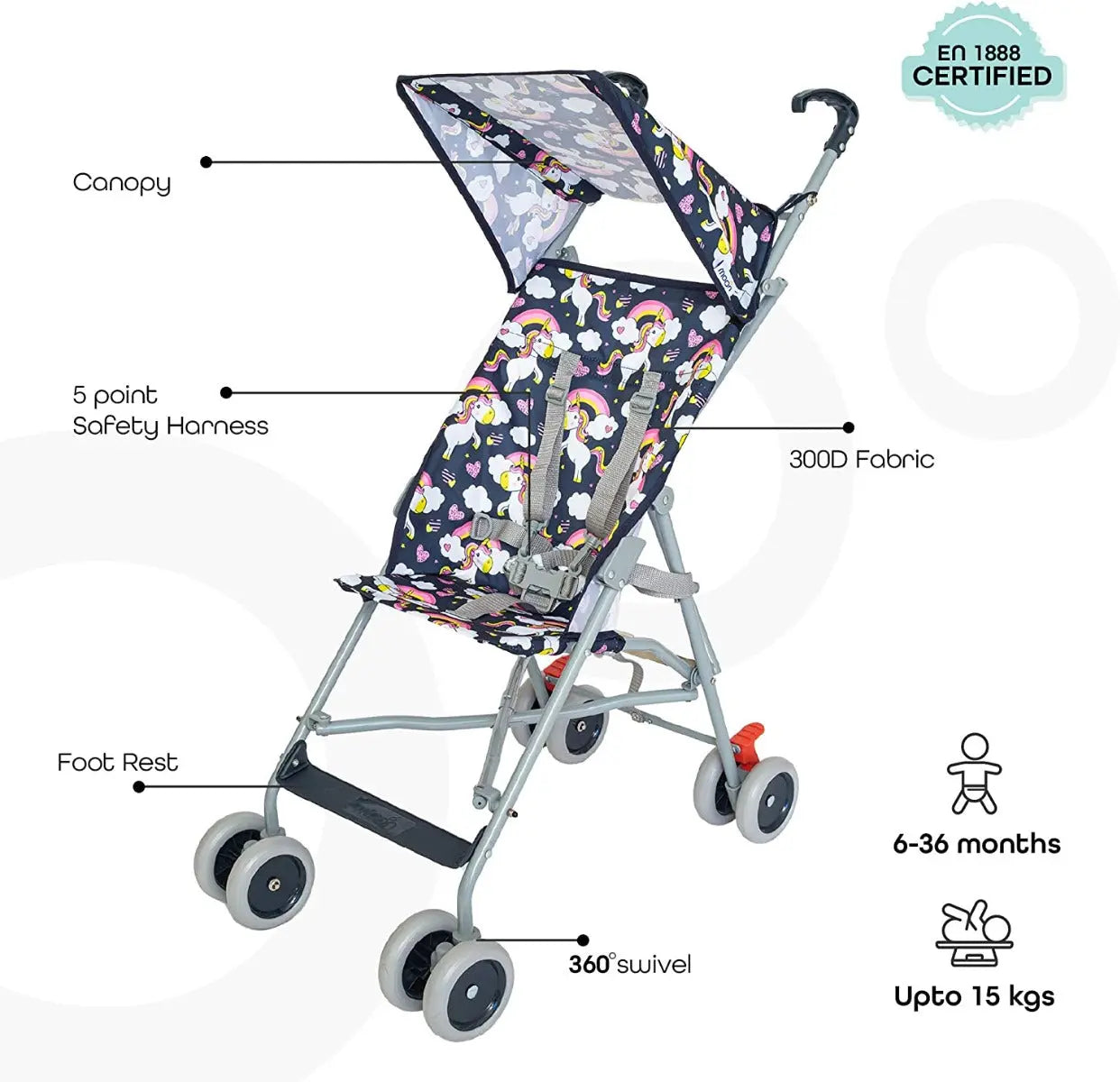 Moon Jet Ultra Light Weight Compact Fold Buggy Stroller Unicorn Moon Yallatoys