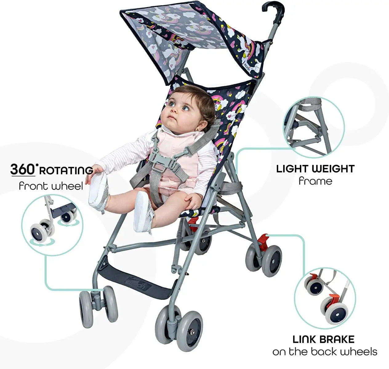 Moon Jet Ultra Light Weight Compact Fold Buggy Stroller Unicorn Moon Yallatoys