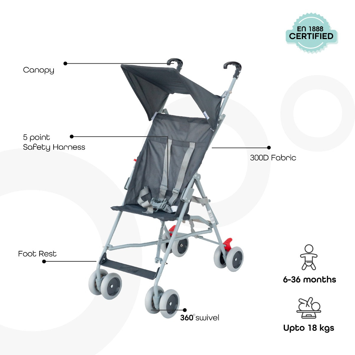 Buy Moon Jet Light Weight Compact Fold Buggy Stroller Dark Grey | Yallatoys.com