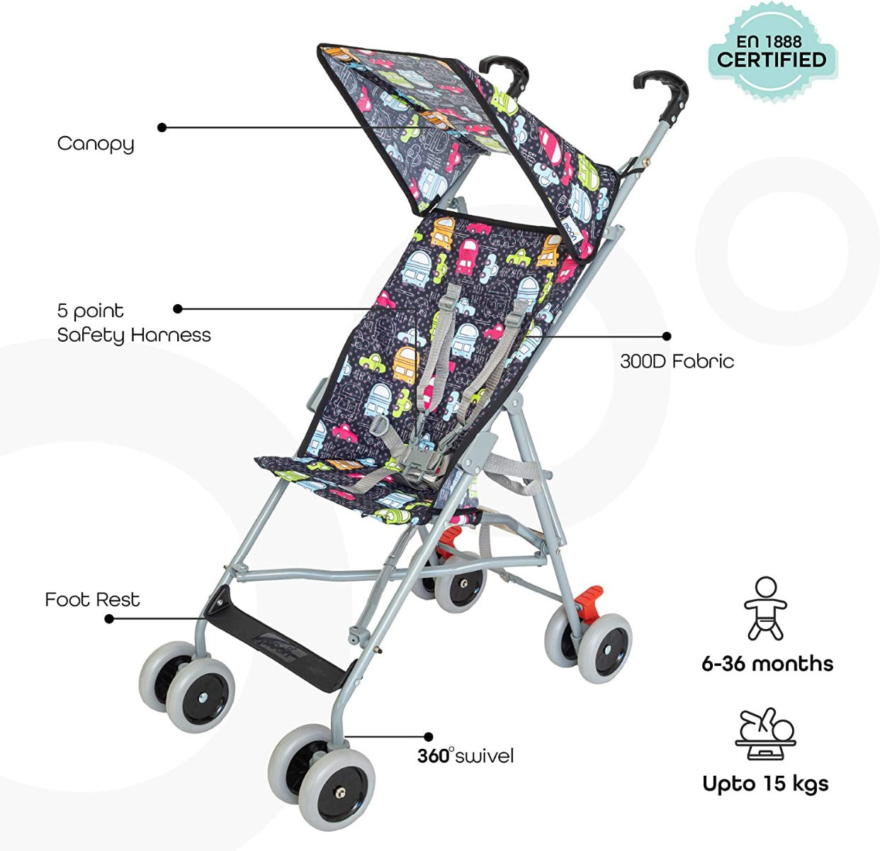 Moon Jet Ultra Light Weight Compact Fold Buggy Stroller Printed Cars Moon