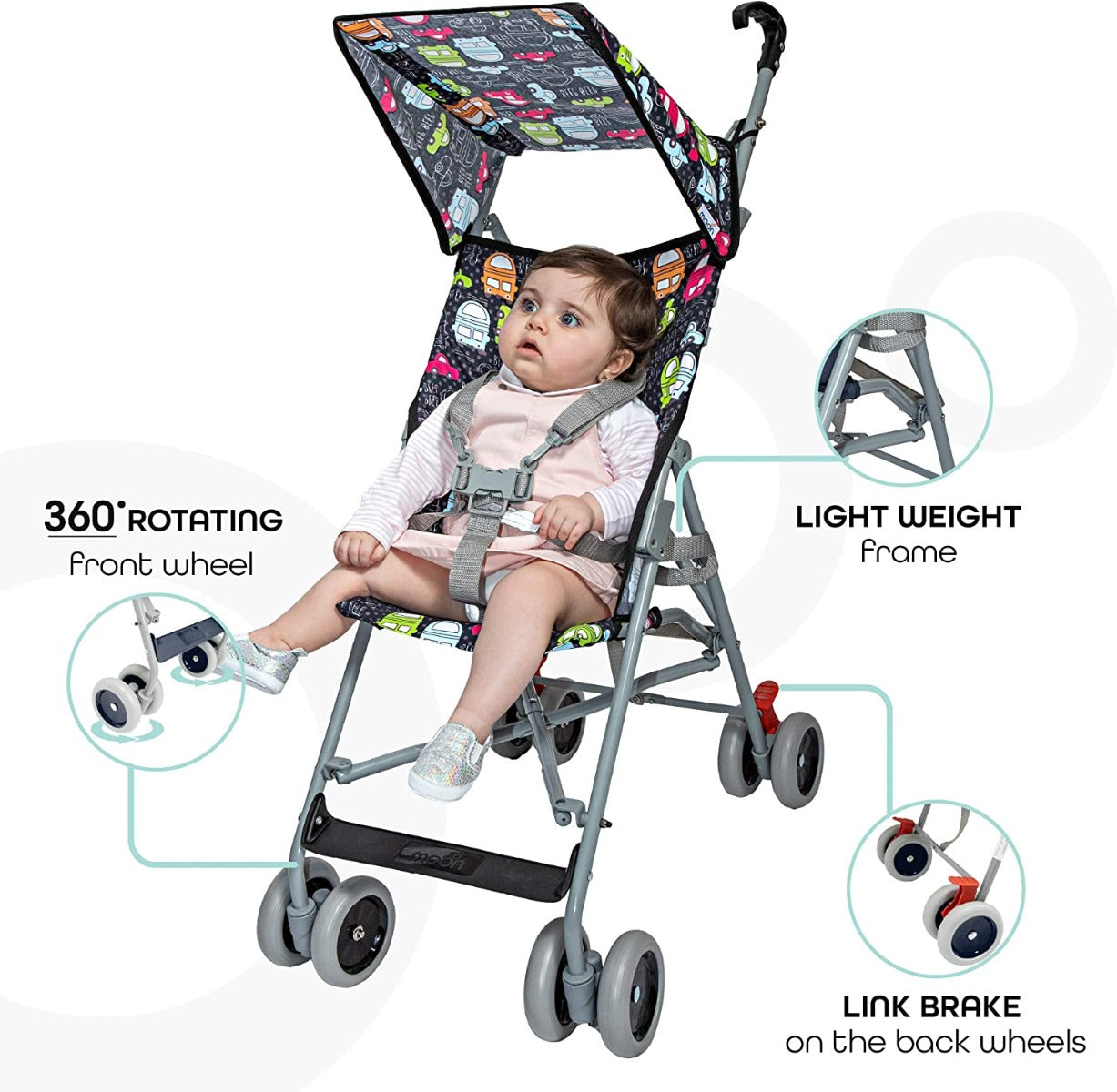 Buy Moon Jet Ultra Light Weight Compact Fold Buggy Stroller Printed Cars | Yallatoys.com