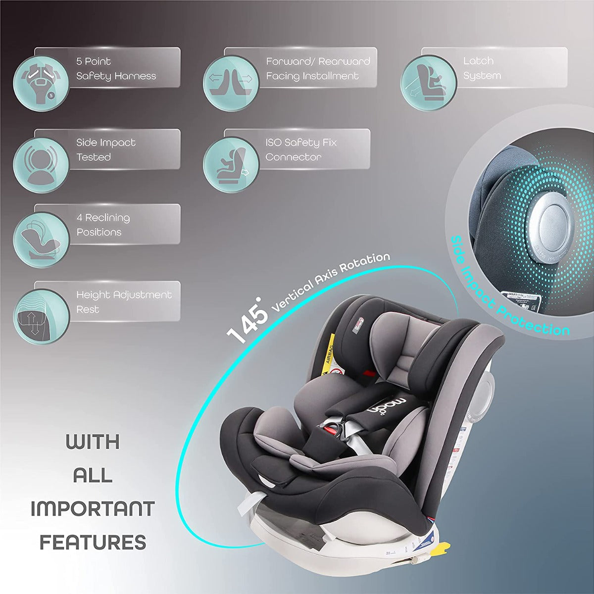 Buy Moon Melhor Convert Combin Car Seat Reclining Isofix Black Group:0+/I/II/III | Yallatoys.com