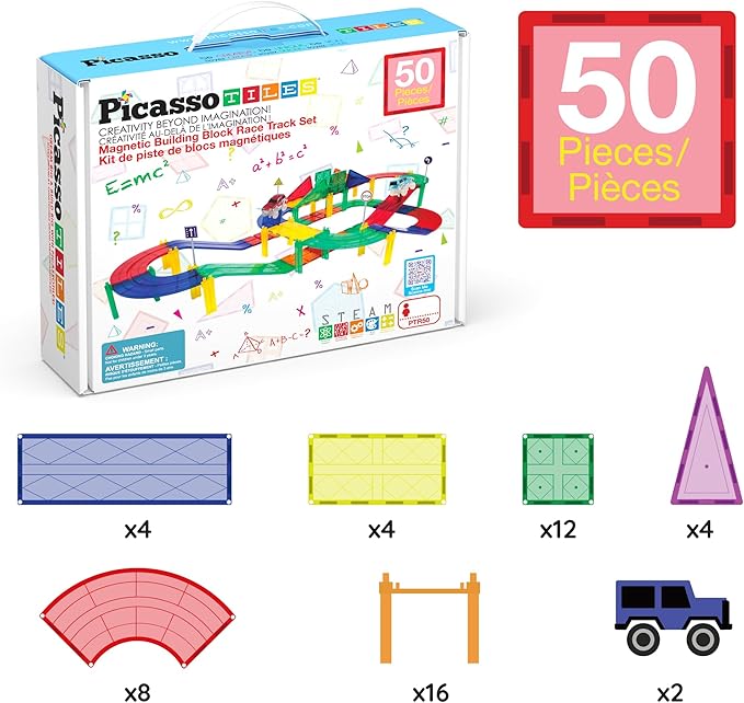 Buy PicassoTiles Magnetic Tiles Race Track with LED Cars 50pcs | Yallatoys.com
