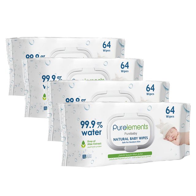 Purelements Natural 99.9% Water Wipes Pack of 4 256pcs Purelements Yallatoys