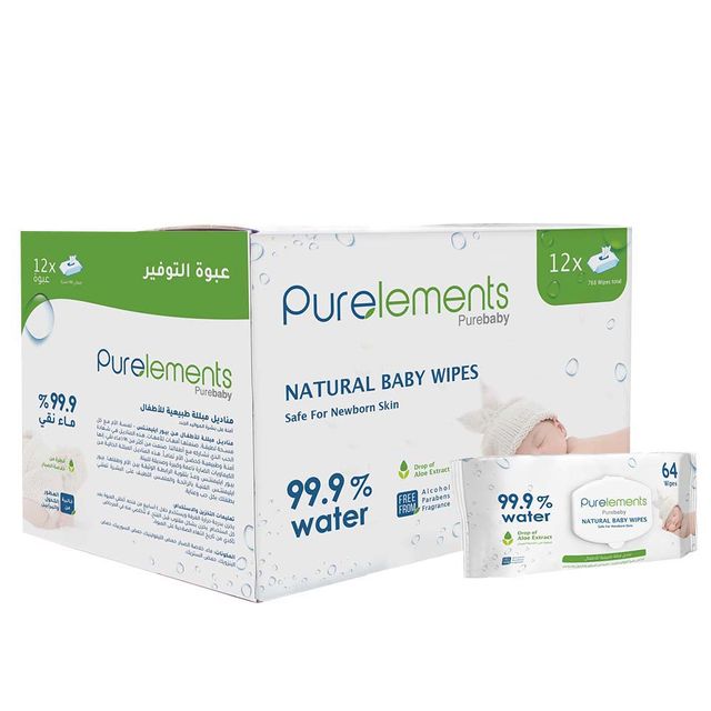 Purelements Aloe Natural 99.9% Water Wipes Pack of 12 768pcs Purelements Yallatoys