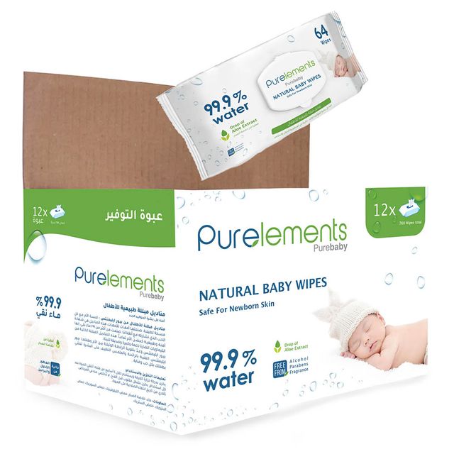 Purelements Aloe Natural 99.9% Water Wipes Pack of 12 768pcs Purelements Yallatoys