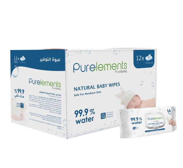 Purelements Natural 99.9% Water Wipes Pack of 12 768pcs Purelements Yallatoys